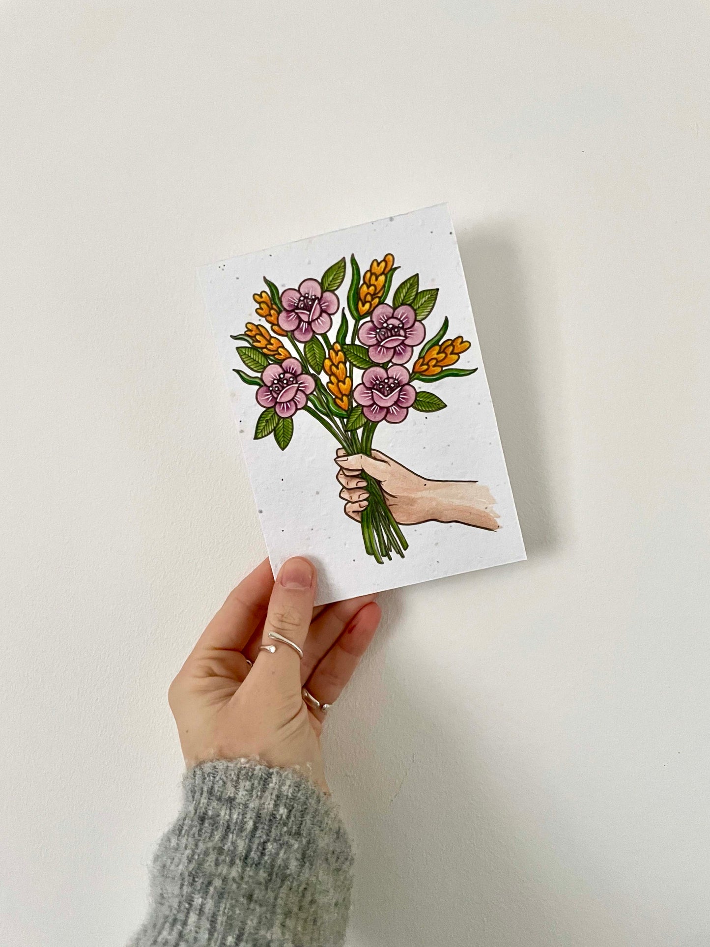 recycled plantable seed card with traditional tattoo flowers design
