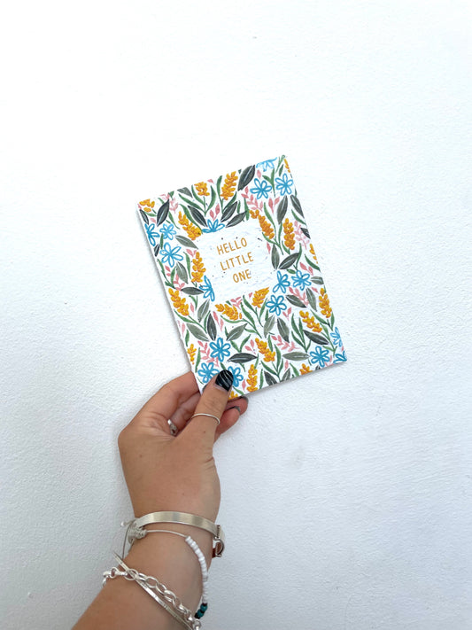 plantable seed paper greetings card with hello little one in blue pink yellow, new baby birth gift