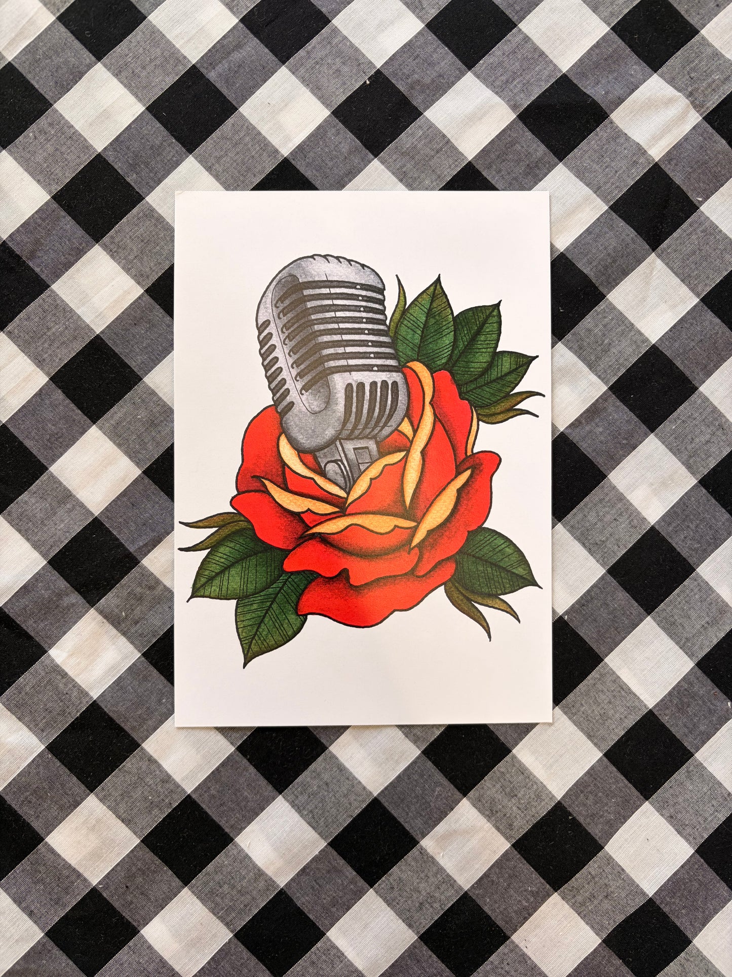 Rose & Microphone Tattoo Flash Print - A5