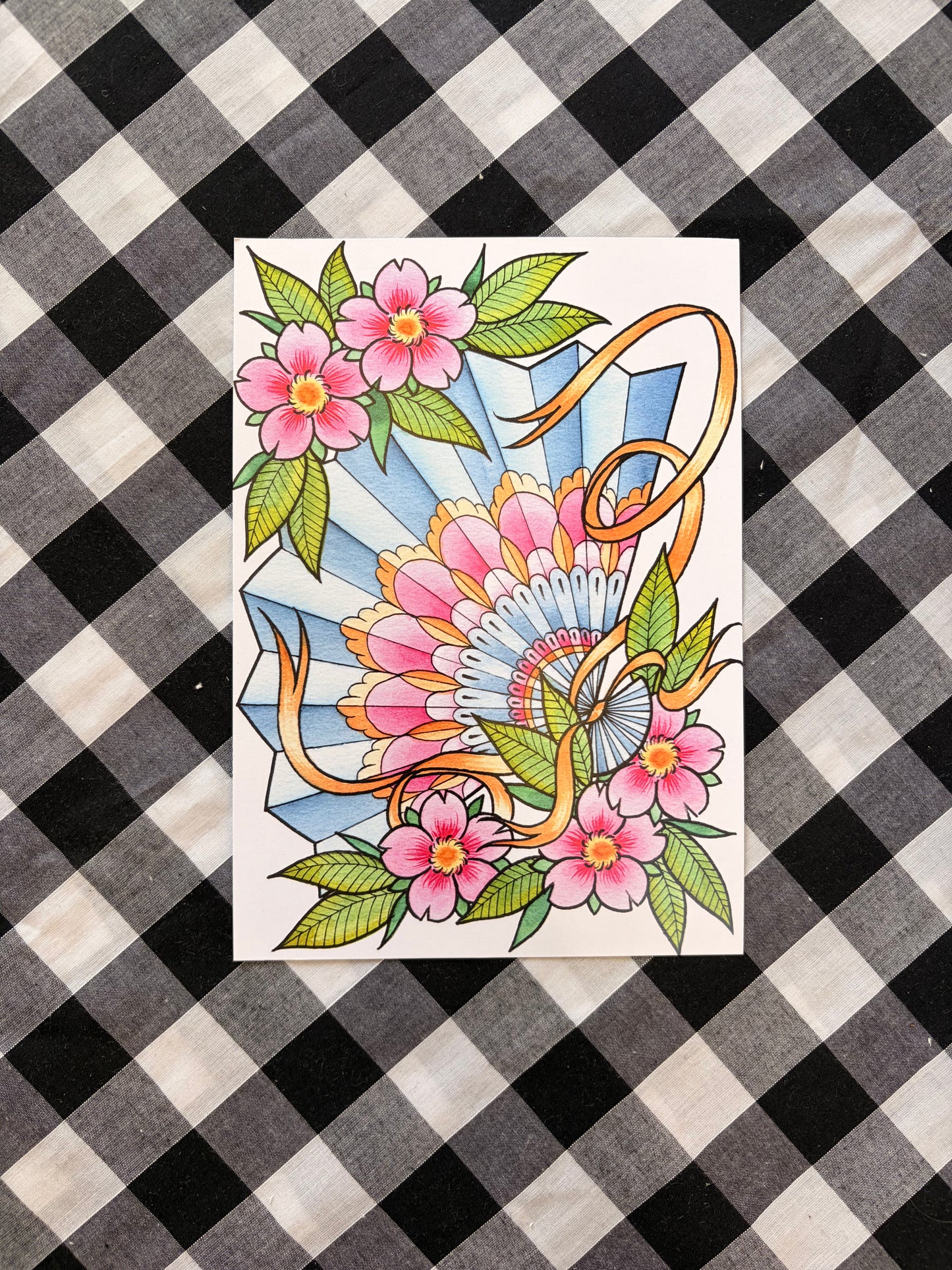 Cherry Blossom Fan Tattoo Flash Print - A5