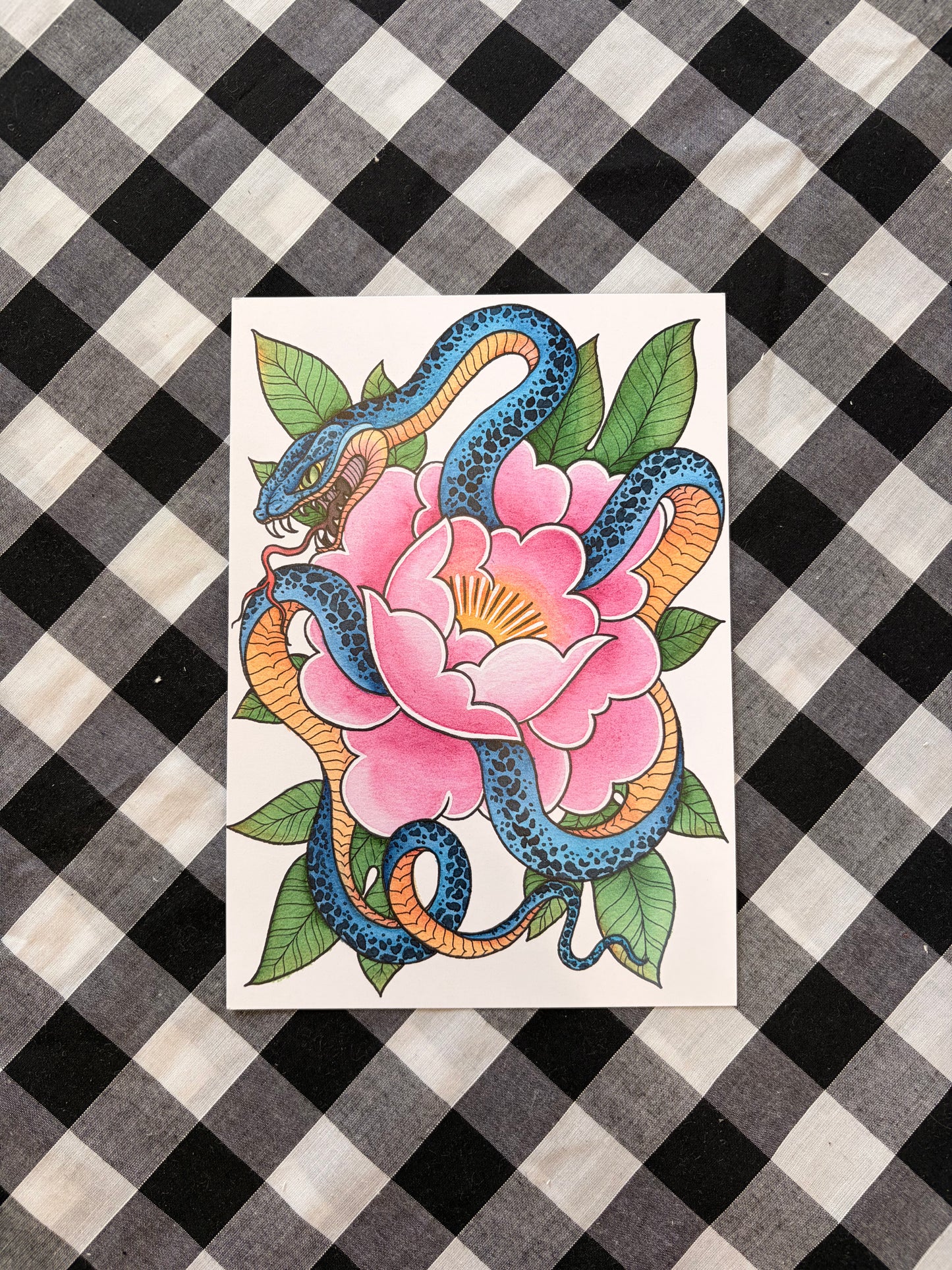 Snake Peony Tattoo Flash Print - A5