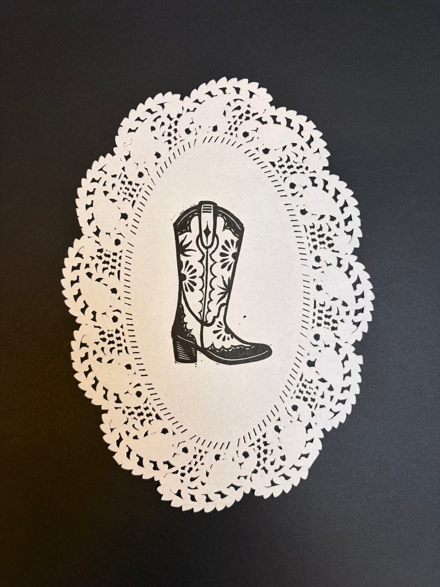 Cowboy Boot Lino Cut Print - Doily