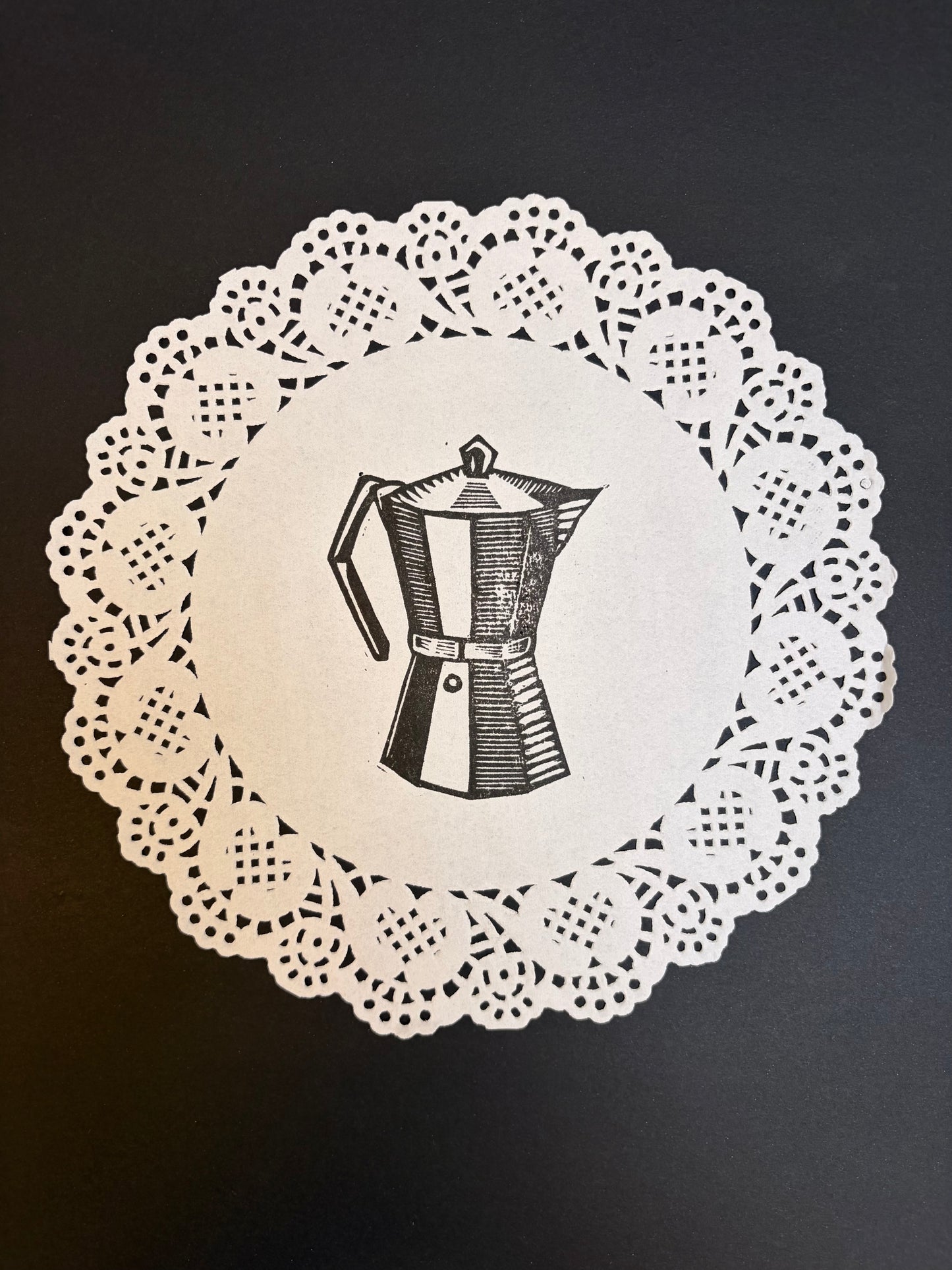 Coffee Pot Lino Cut Print - Doily