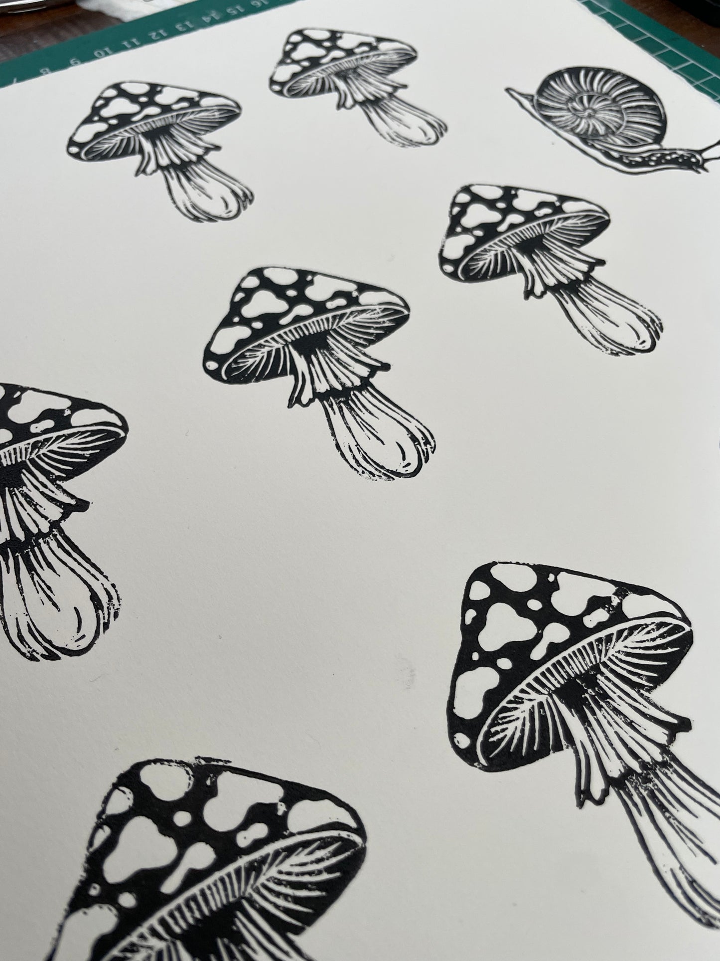 linocut prints of small cute mushrooms art