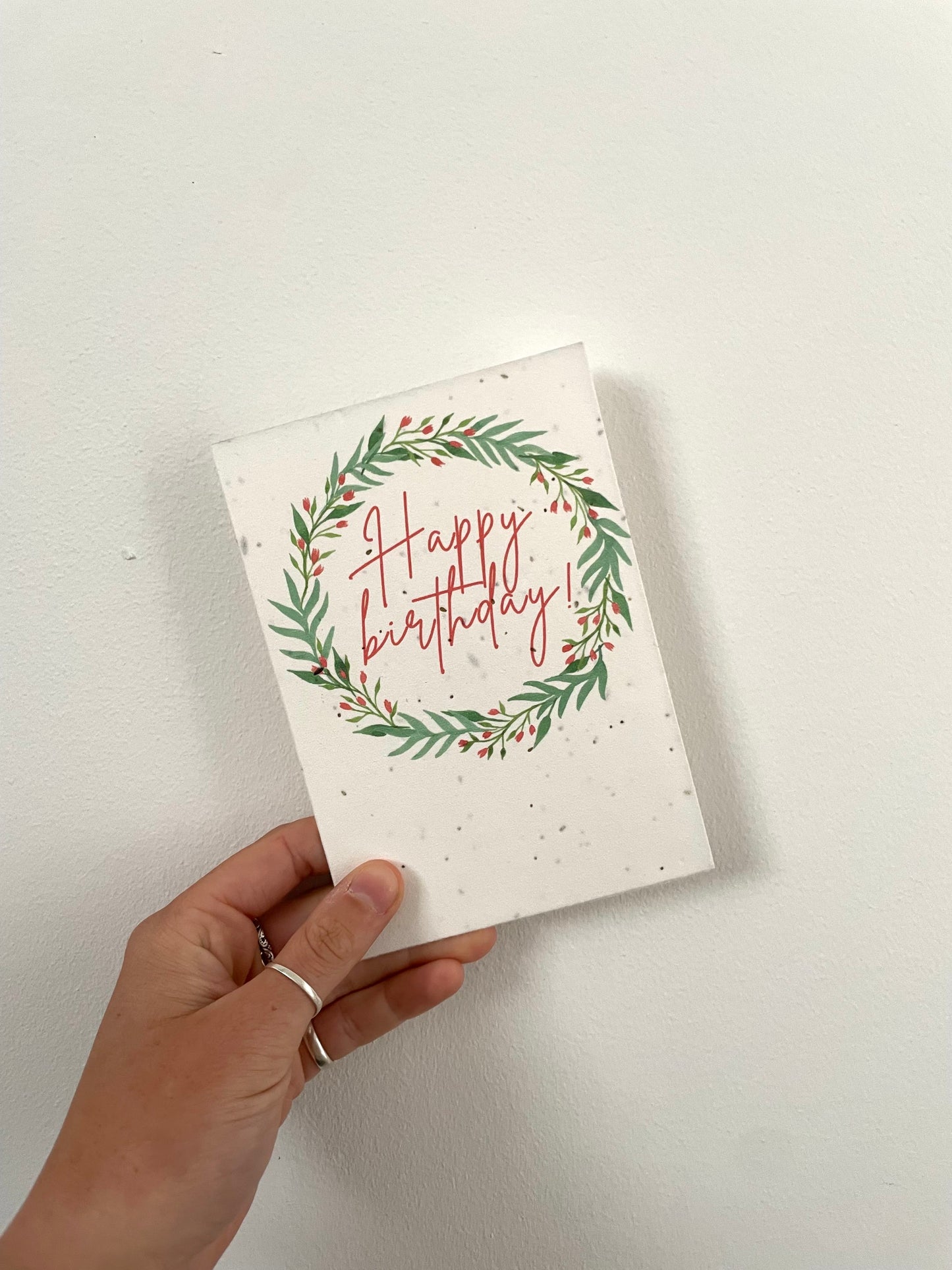 wildflower seed card with happy birthday wreath in green and pink floral design greetings