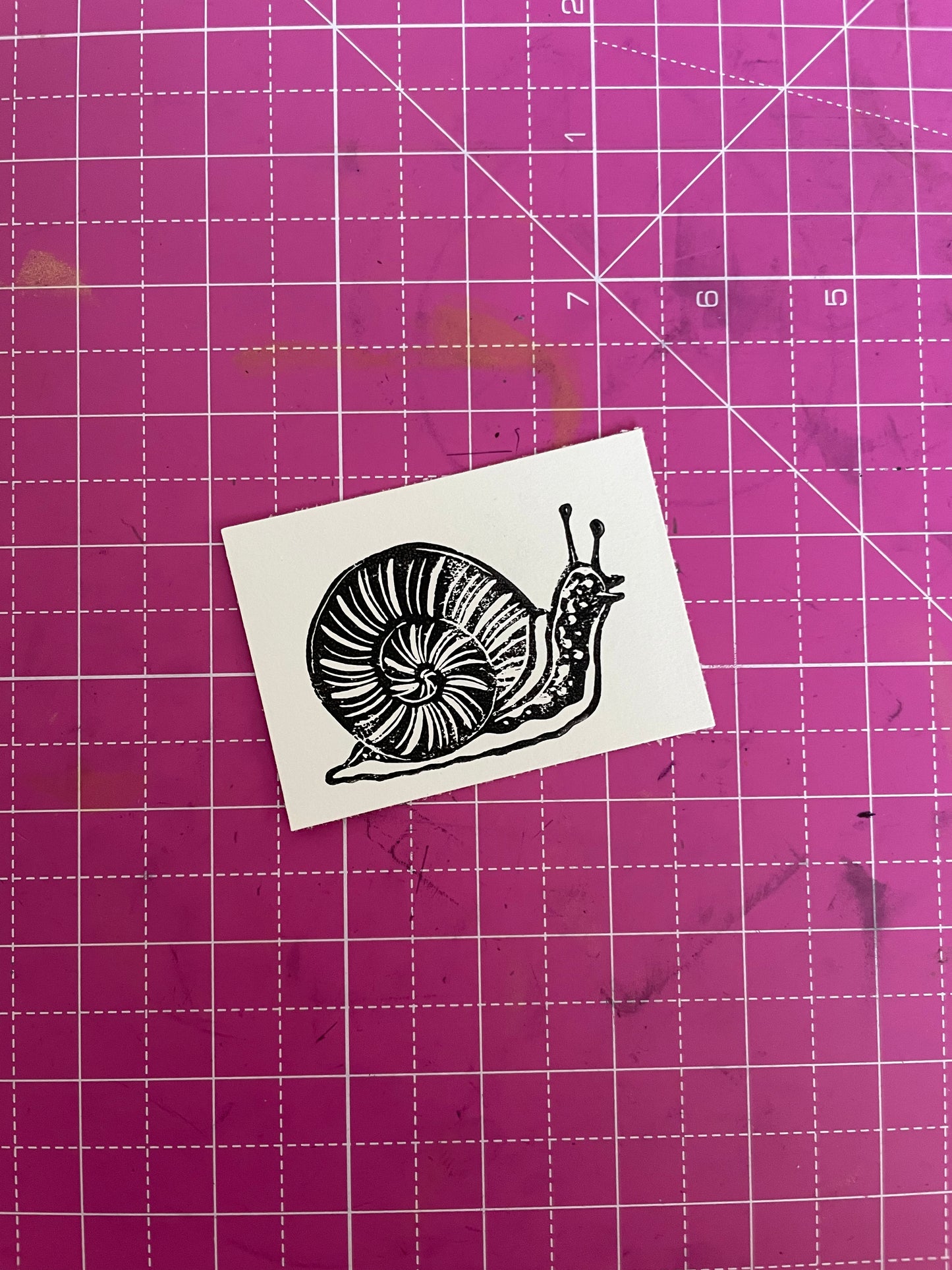 A linocut art print of a snail in black and white