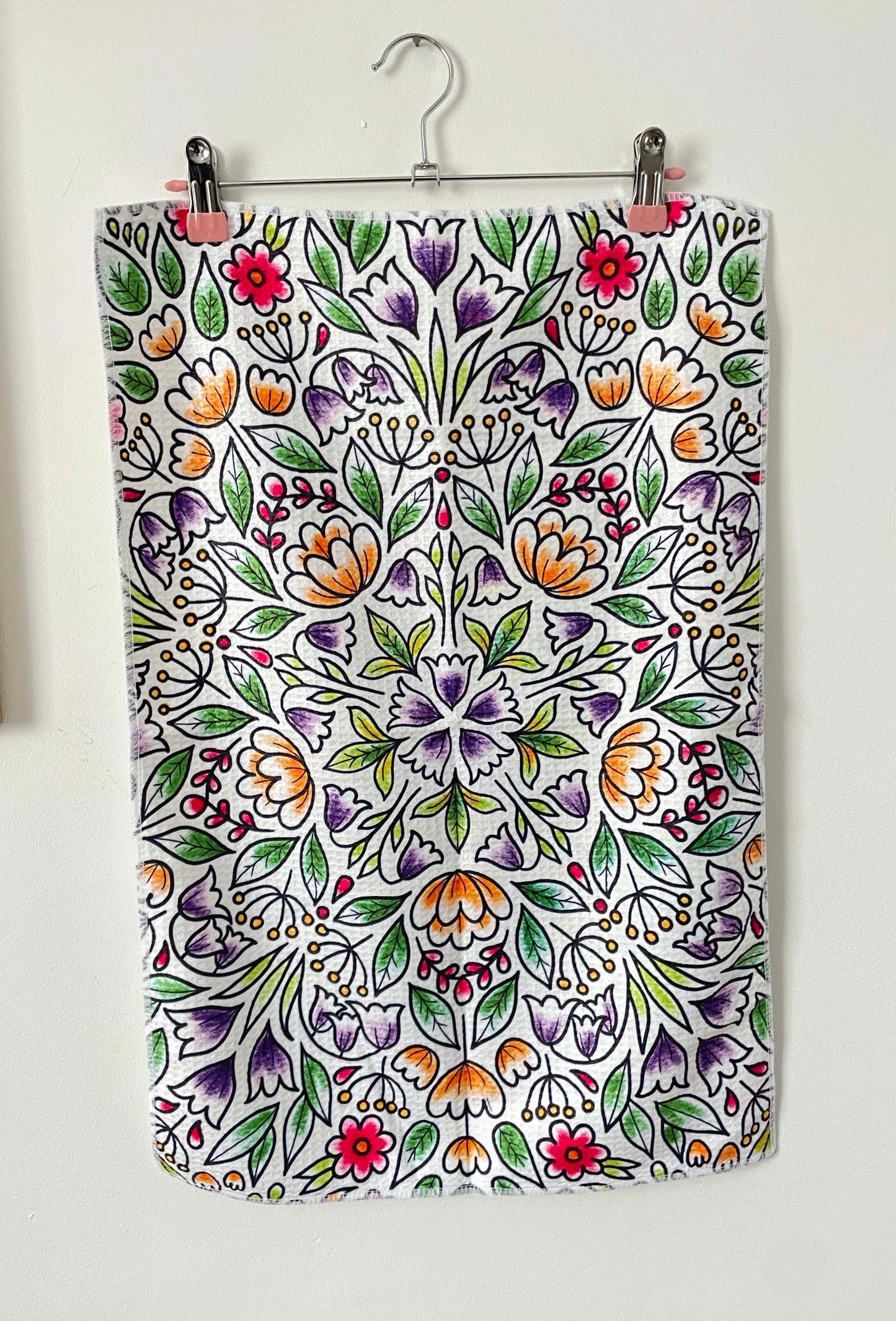 microfibre waffle kitchen tea towel with bold colourful floral flower pattern