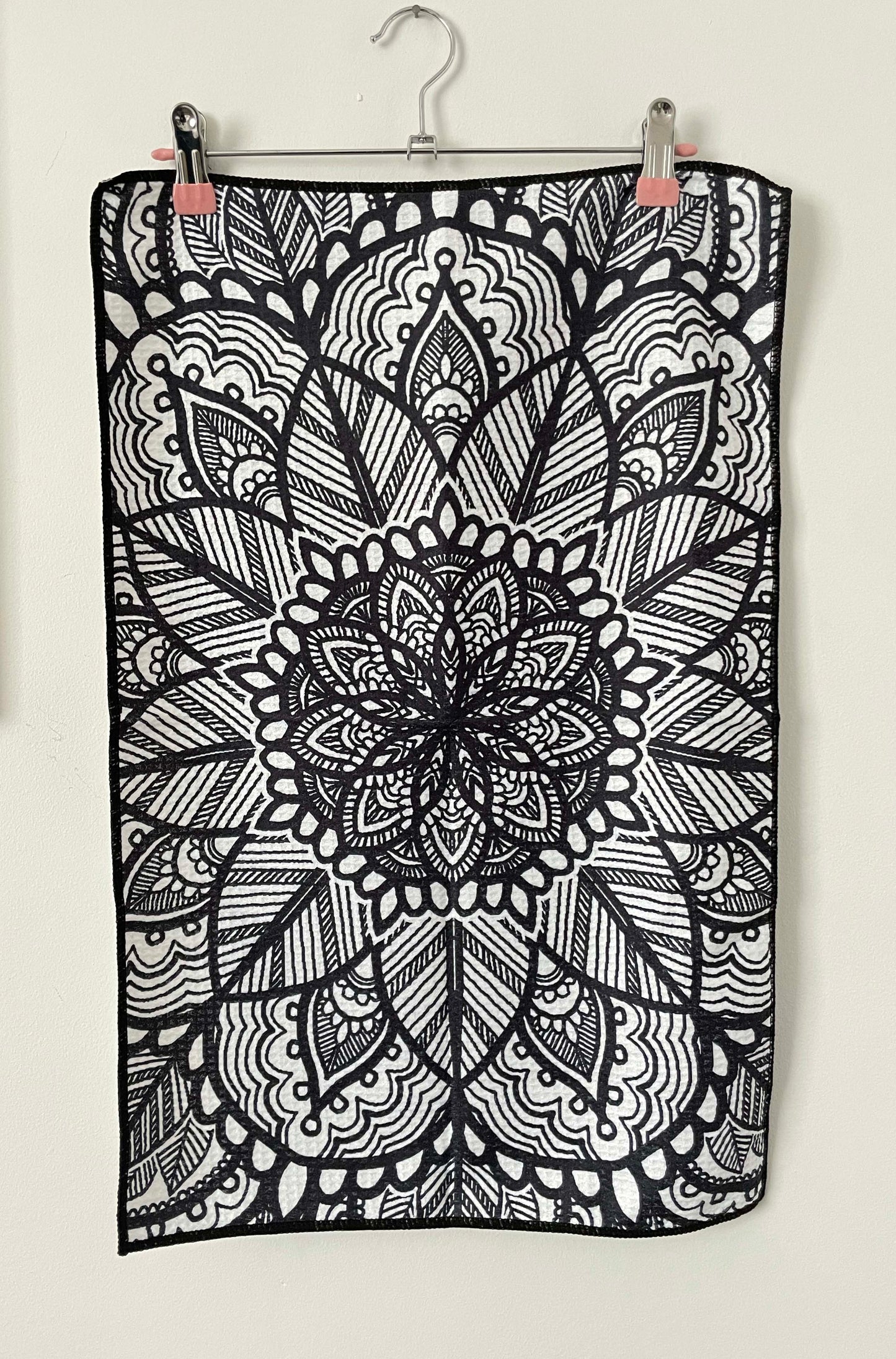 microfibre waffle kitchen tea towel with bold black and white mandala pattern print