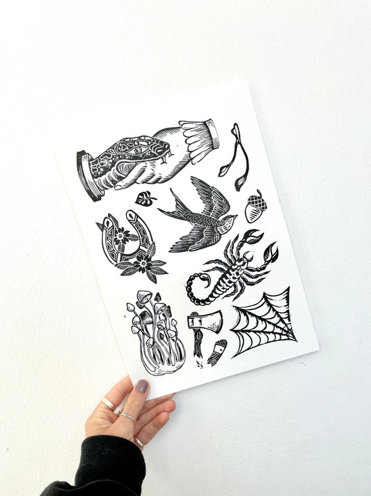 Tattoo Flash Sheet Lino Print - 5/5