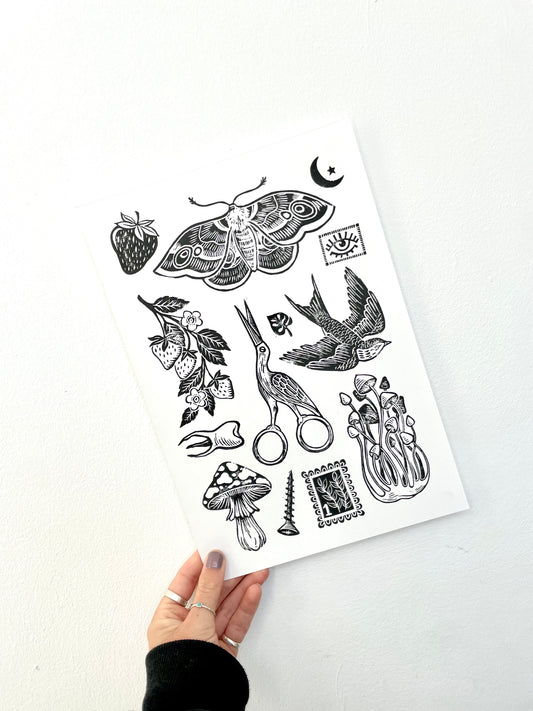 Tattoo Flash Sheet Lino Print - 4/4