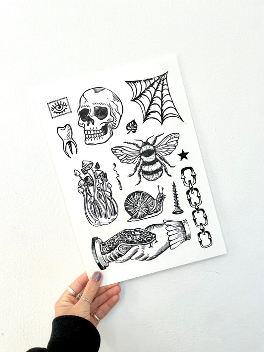 Tattoo Flash Sheet Lino Print - 1/1