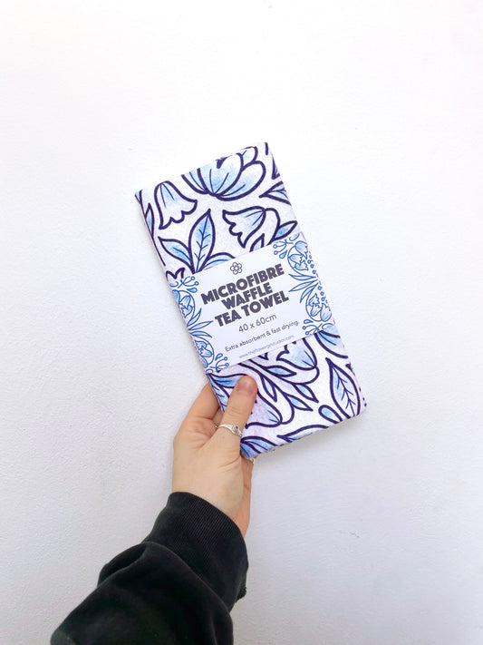 Blue Floral Microfibre Waffle Tea Towel