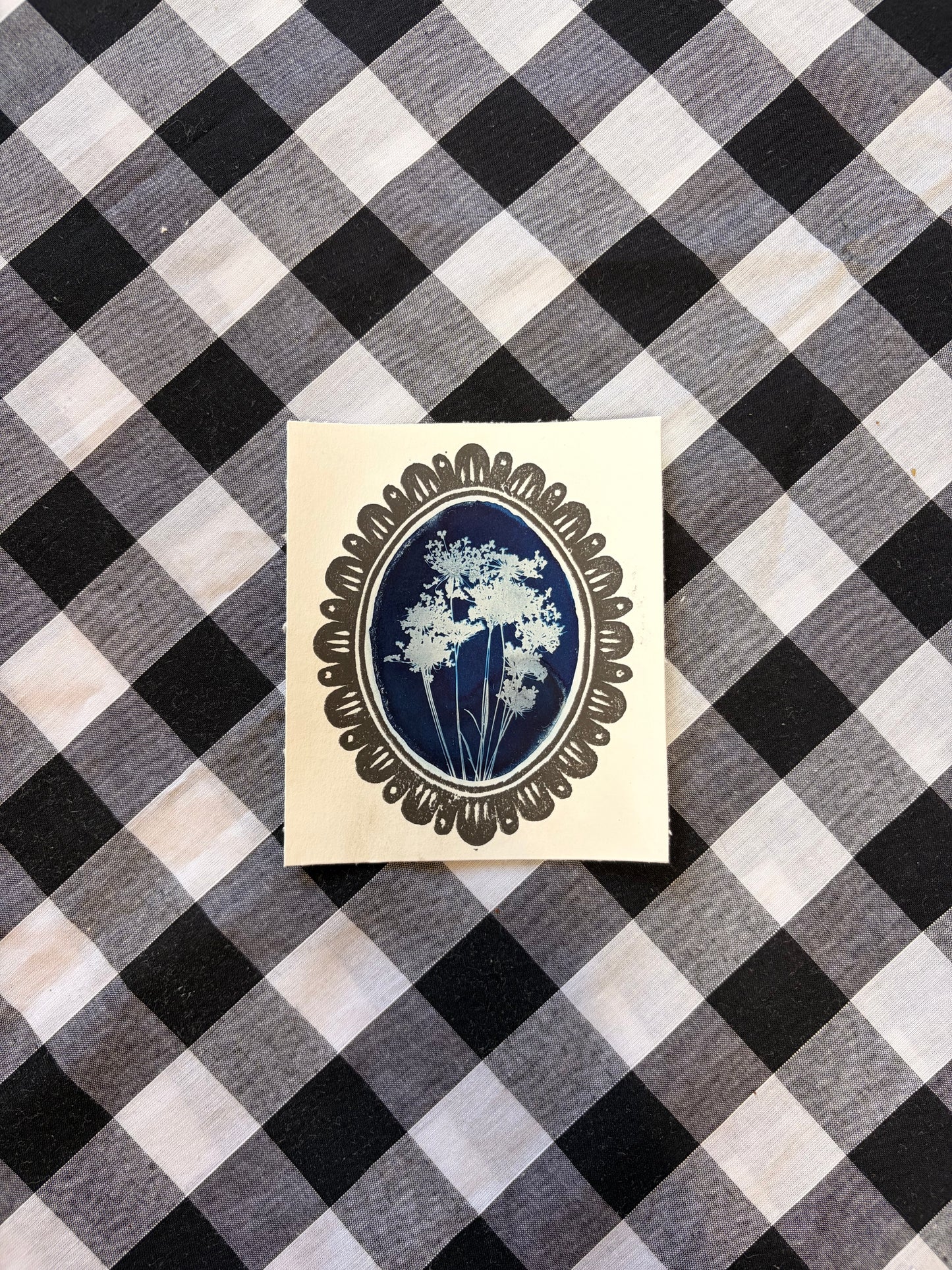 Cyanotype & Lino Print - Oval