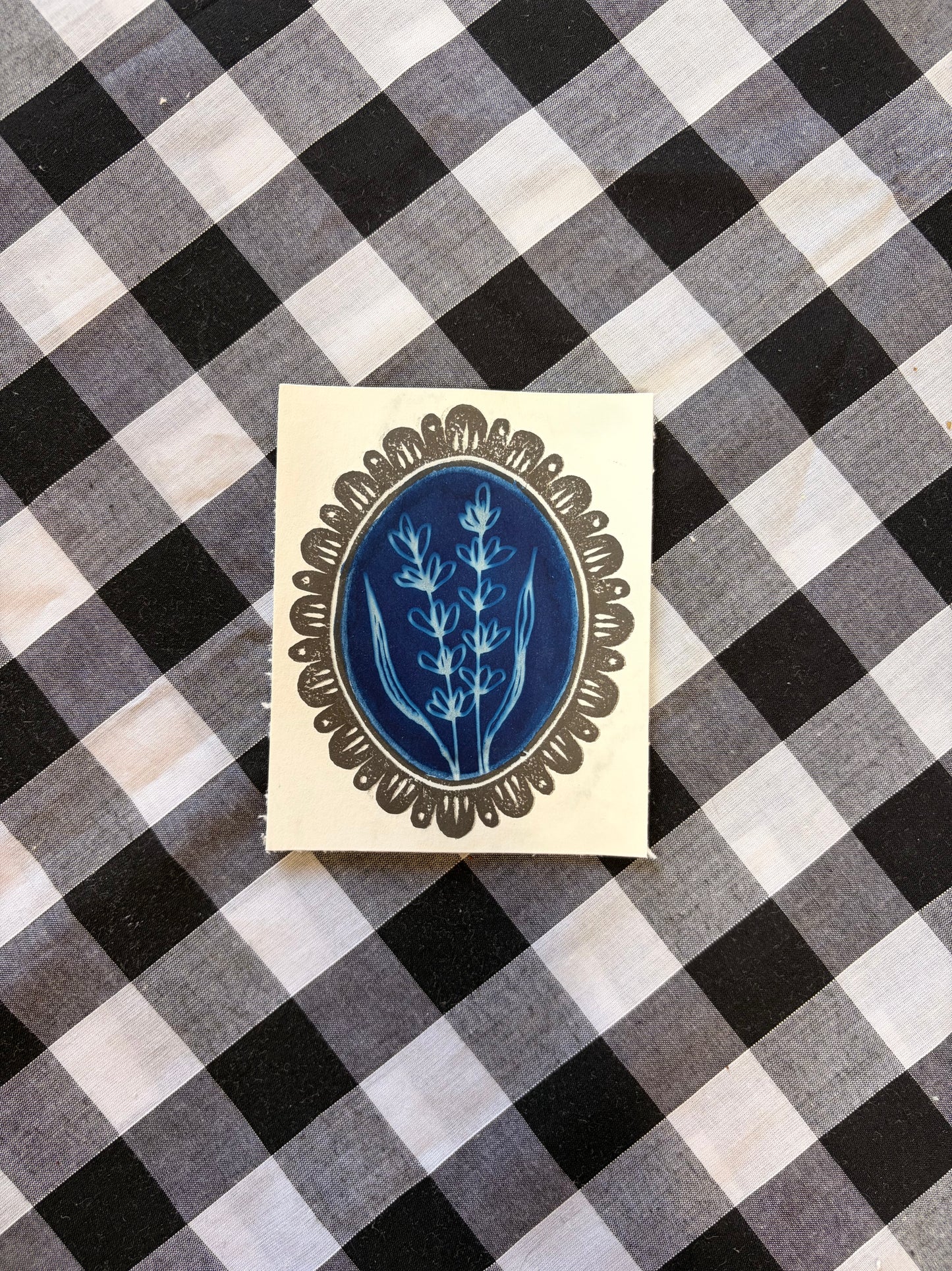 Cyanotype & Lino Print - Oval