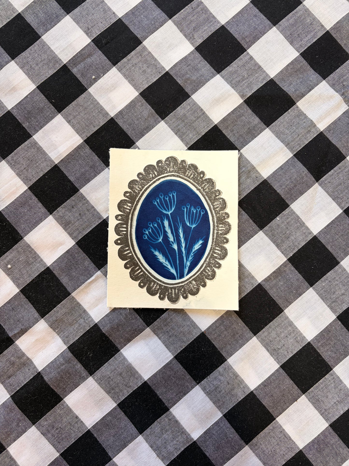 Cyanotype & Lino Print - Oval