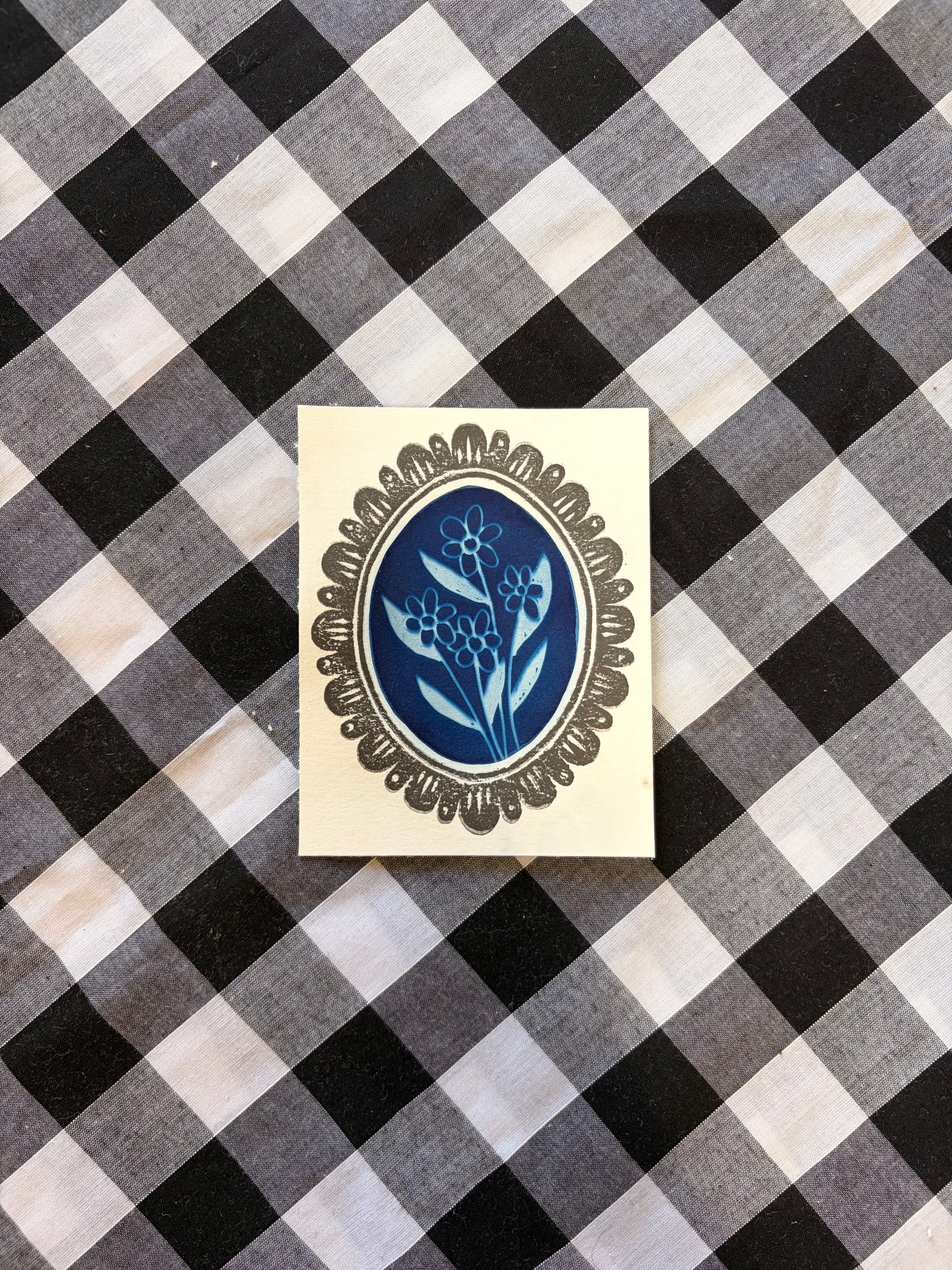 Cyanotype & Lino Print - Oval