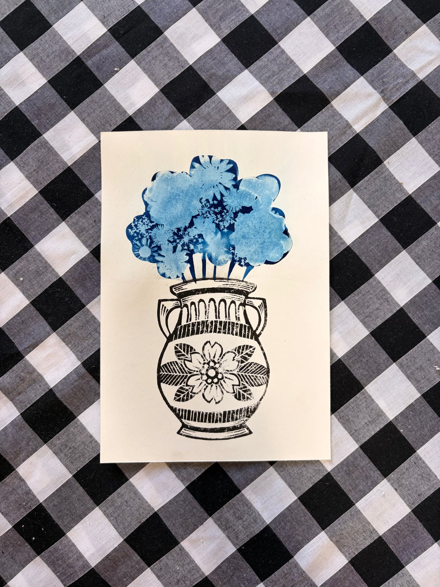 Cyanotype & Lino Print - Vase of Flowers Art Print 5