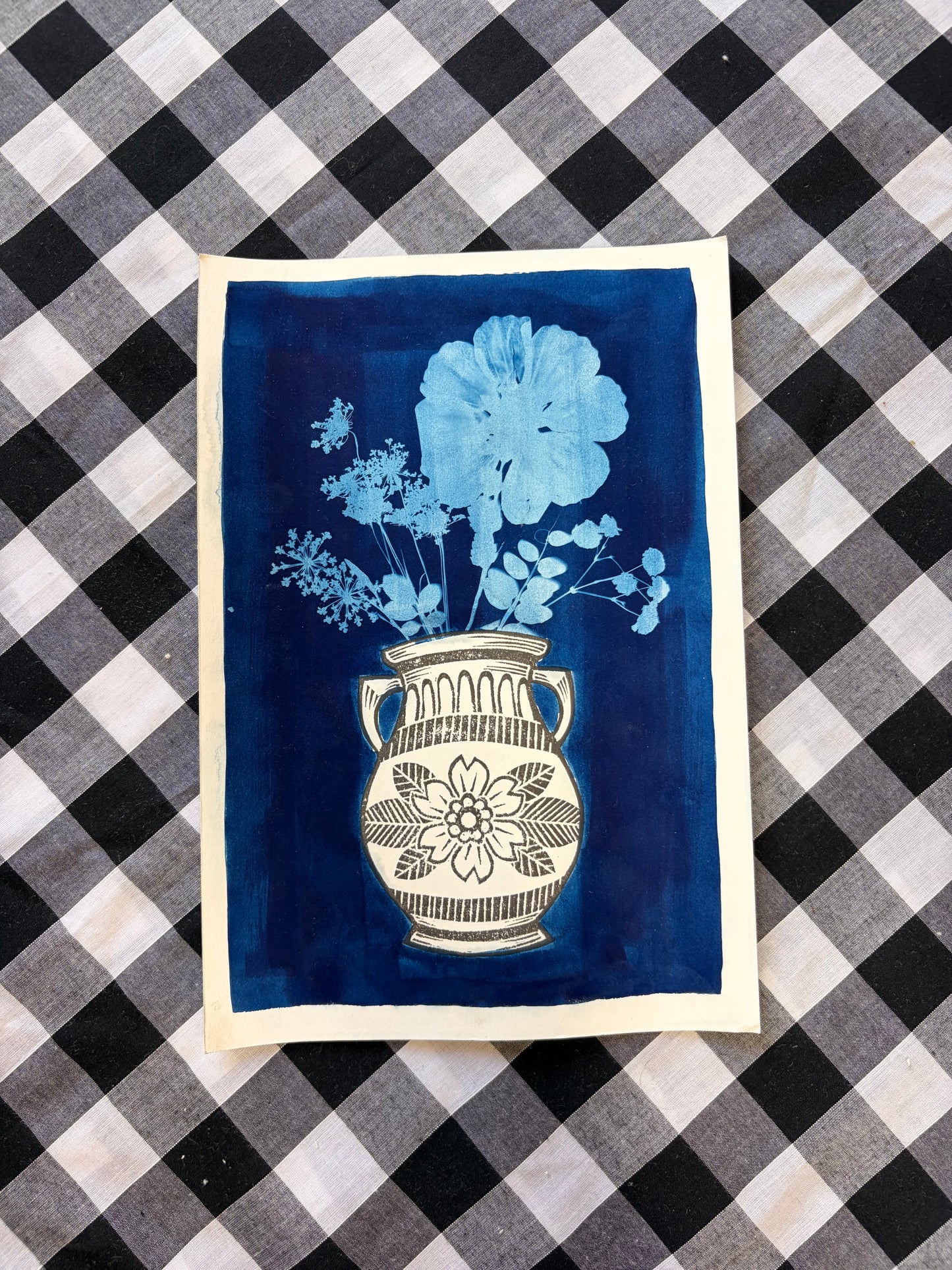 Cyanotype & Lino Print - Vase of Flowers Art Print 4