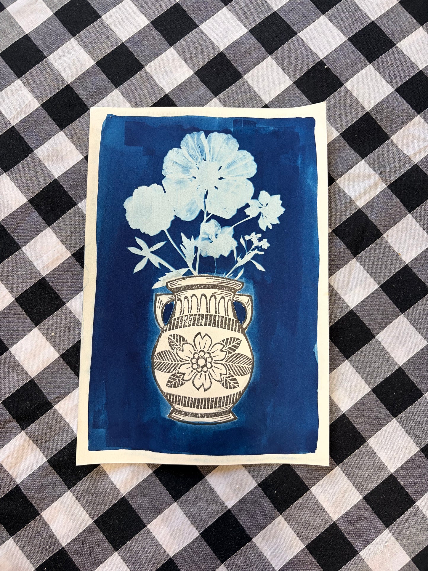 Cyanotype & Lino Print - Vase of Flowers Art Print 3