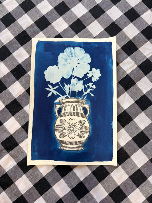 Cyanotype & Lino Print - Vase of Flowers Art Print 3