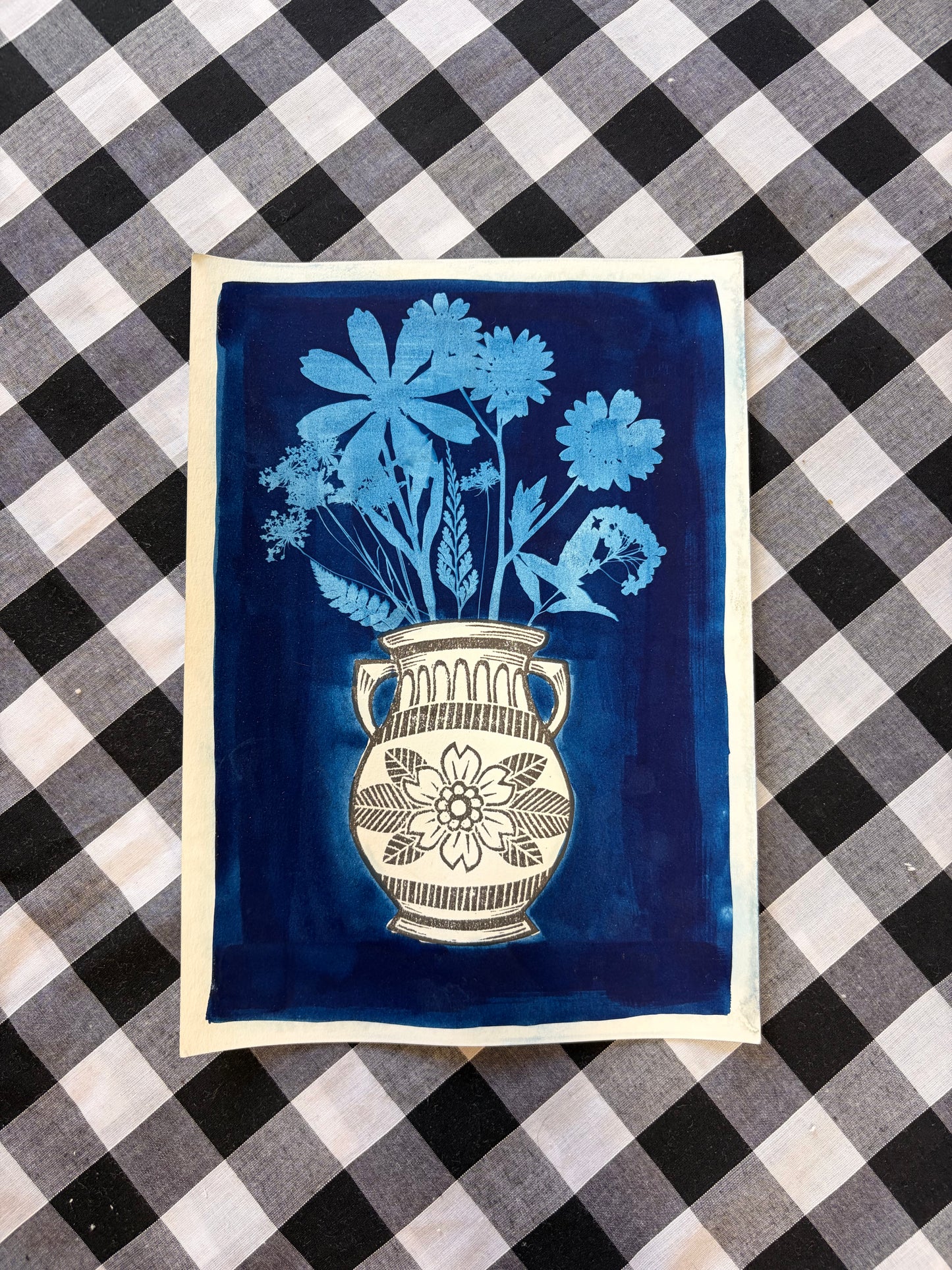 Cyanotype & Lino Print - Vase of Flowers Art Print 2