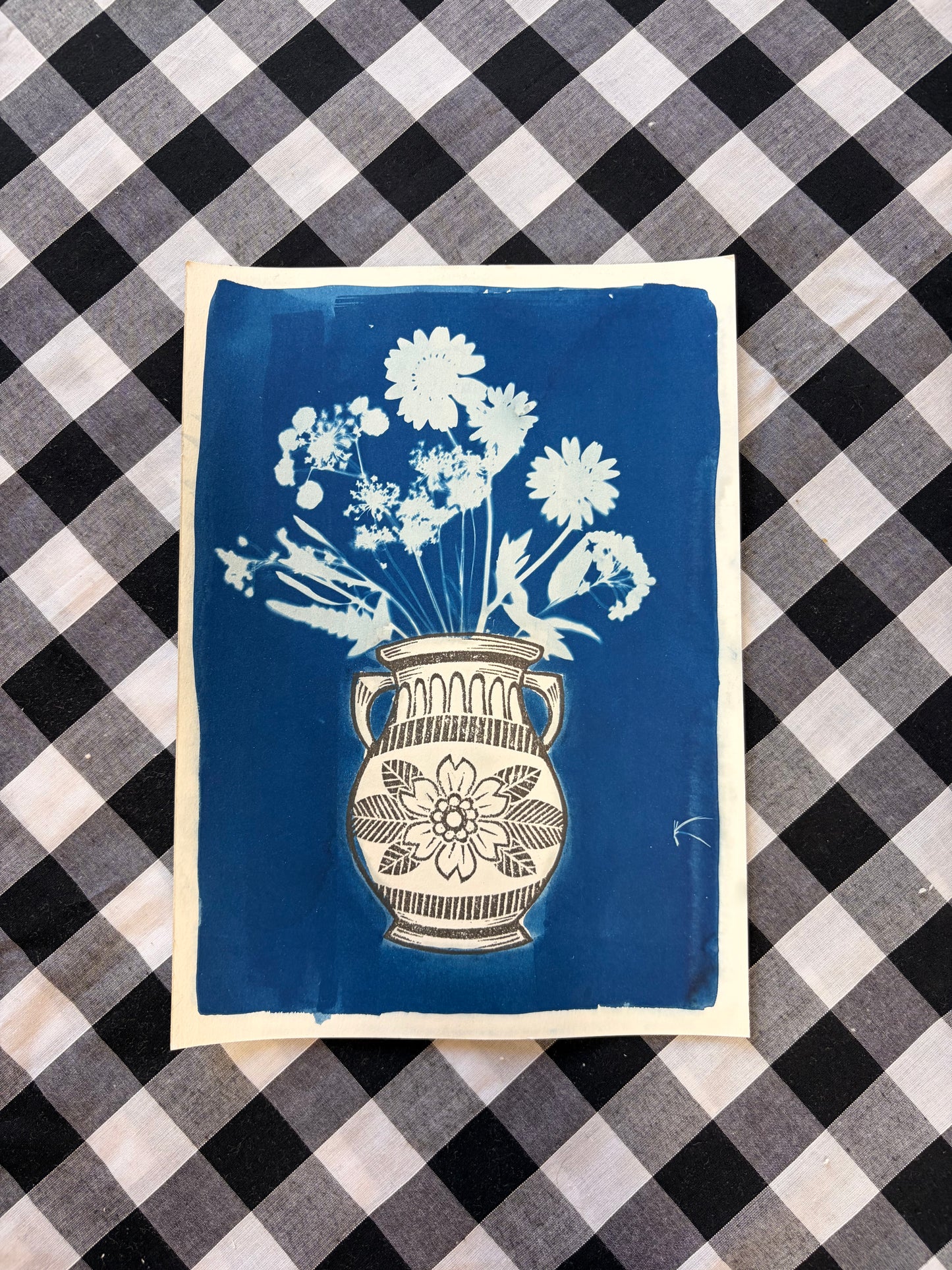 Cyanotype & Lino Print - Vase of Flowers Art Print 1