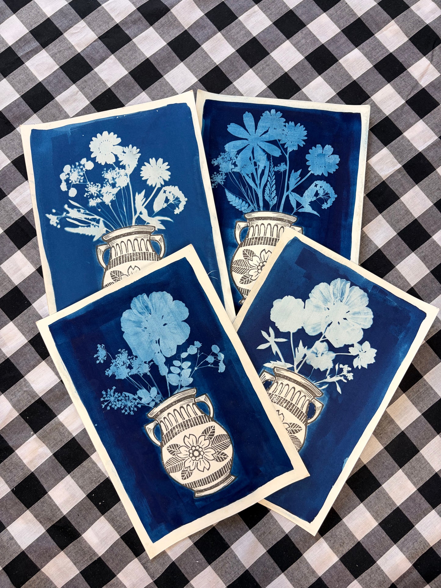 Cyanotype & Lino Print - Vase of Flowers Art Print 3