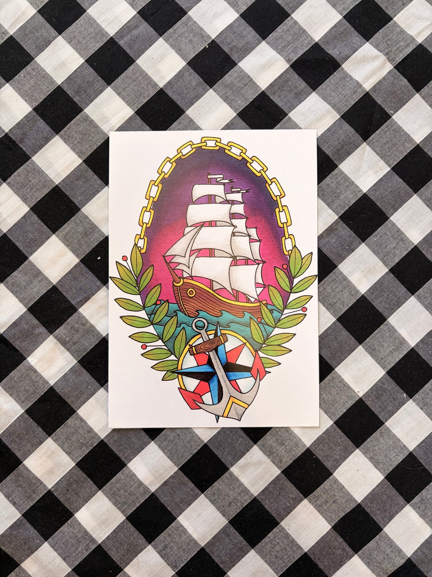 Ship & Anchor Tattoo Flash Print - A5