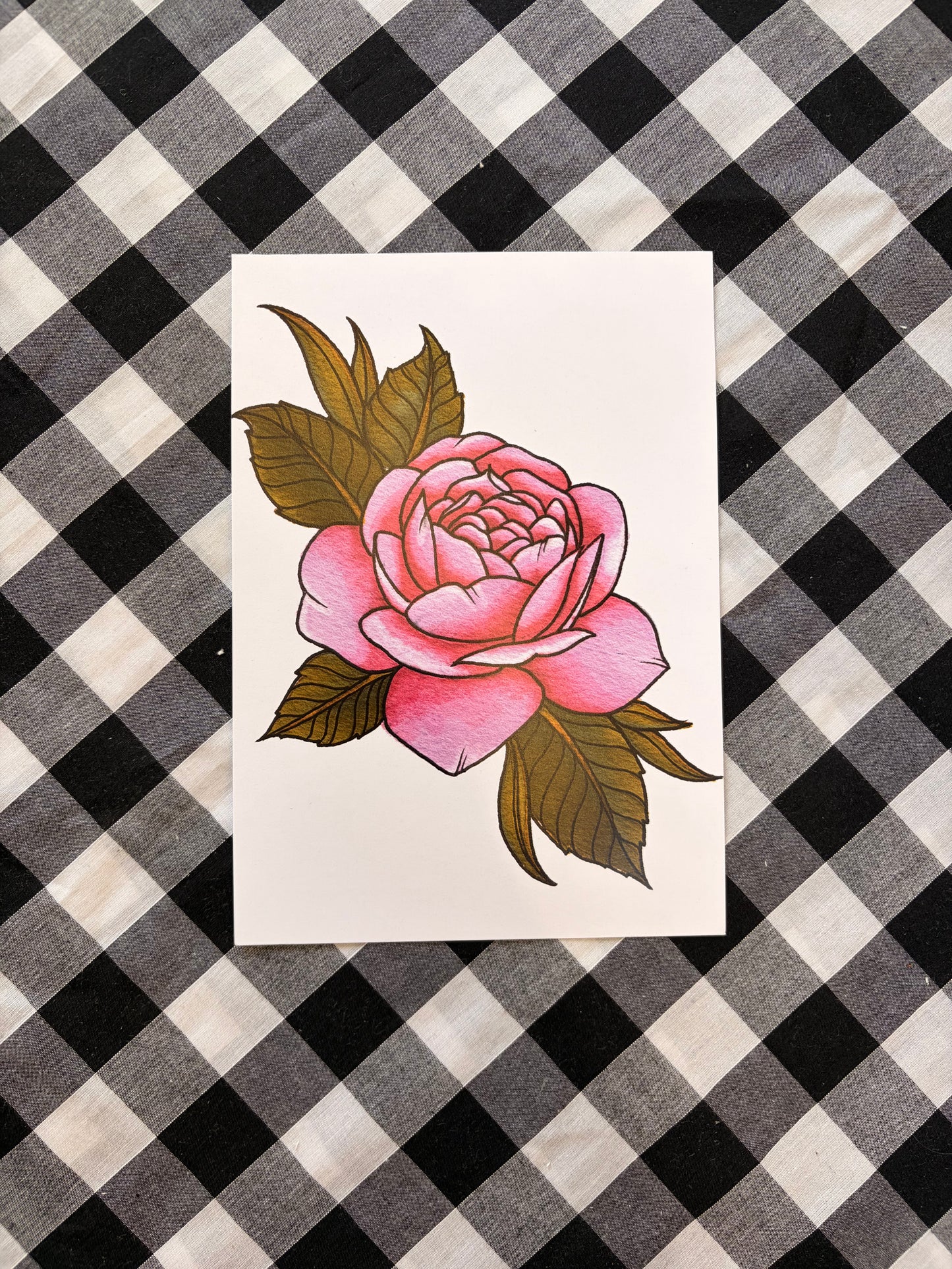 Pink Rose Tattoo Flash Print - A5