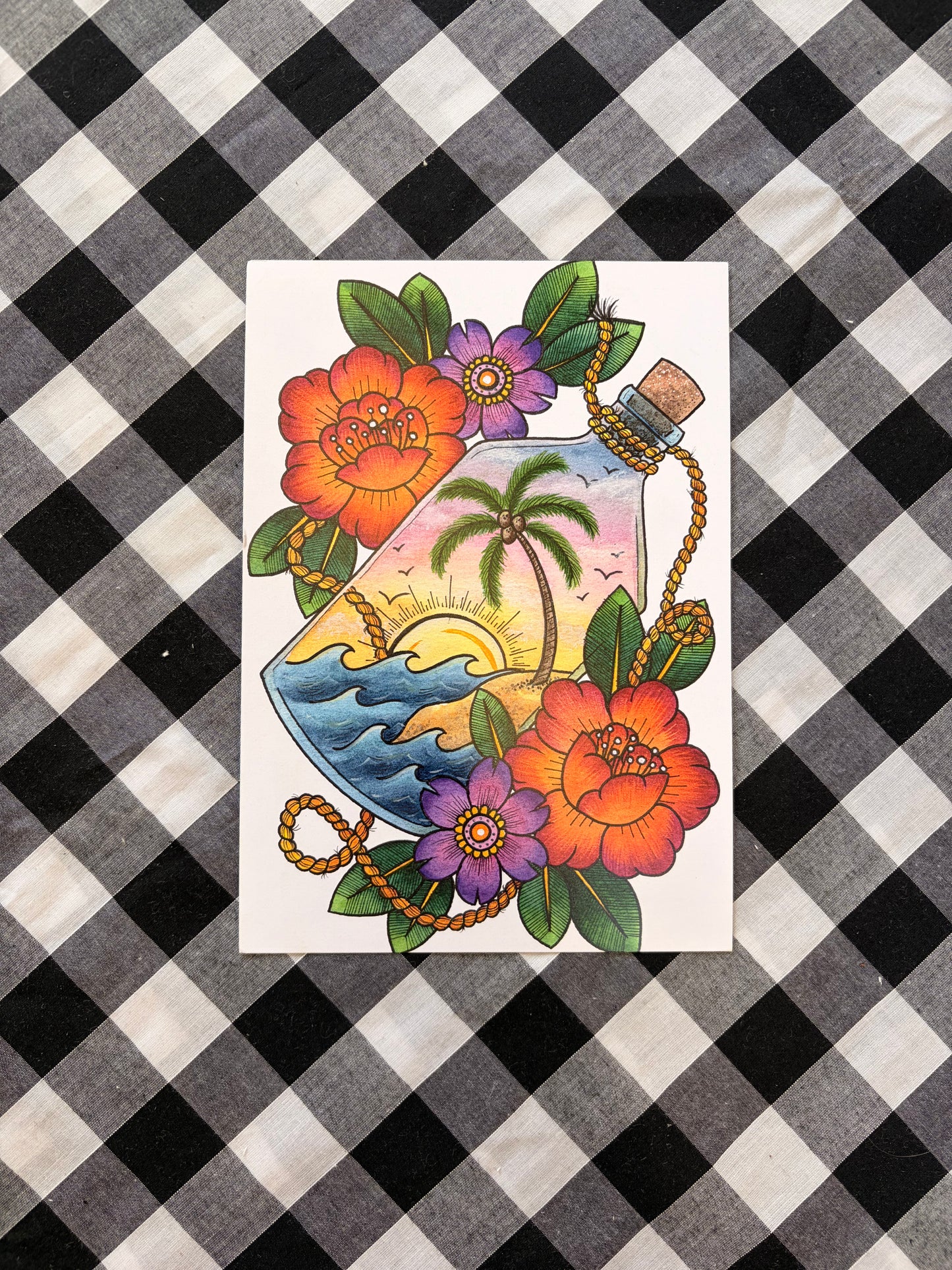 Island Bottle Tattoo Flash Print - A5