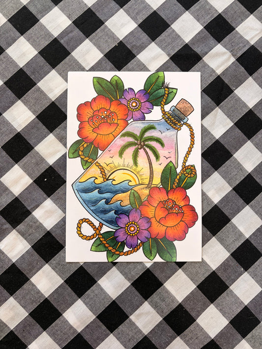 Island Bottle Tattoo Flash Print - A4