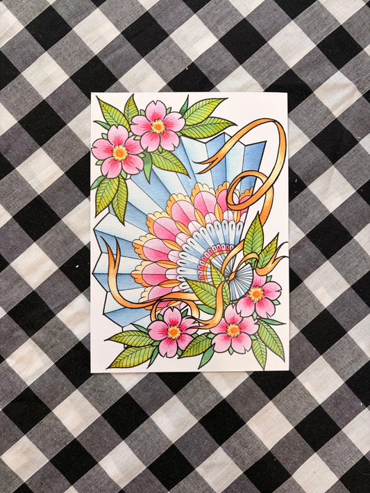 Cherry Blossom Fan Tattoo Flash Print - A4