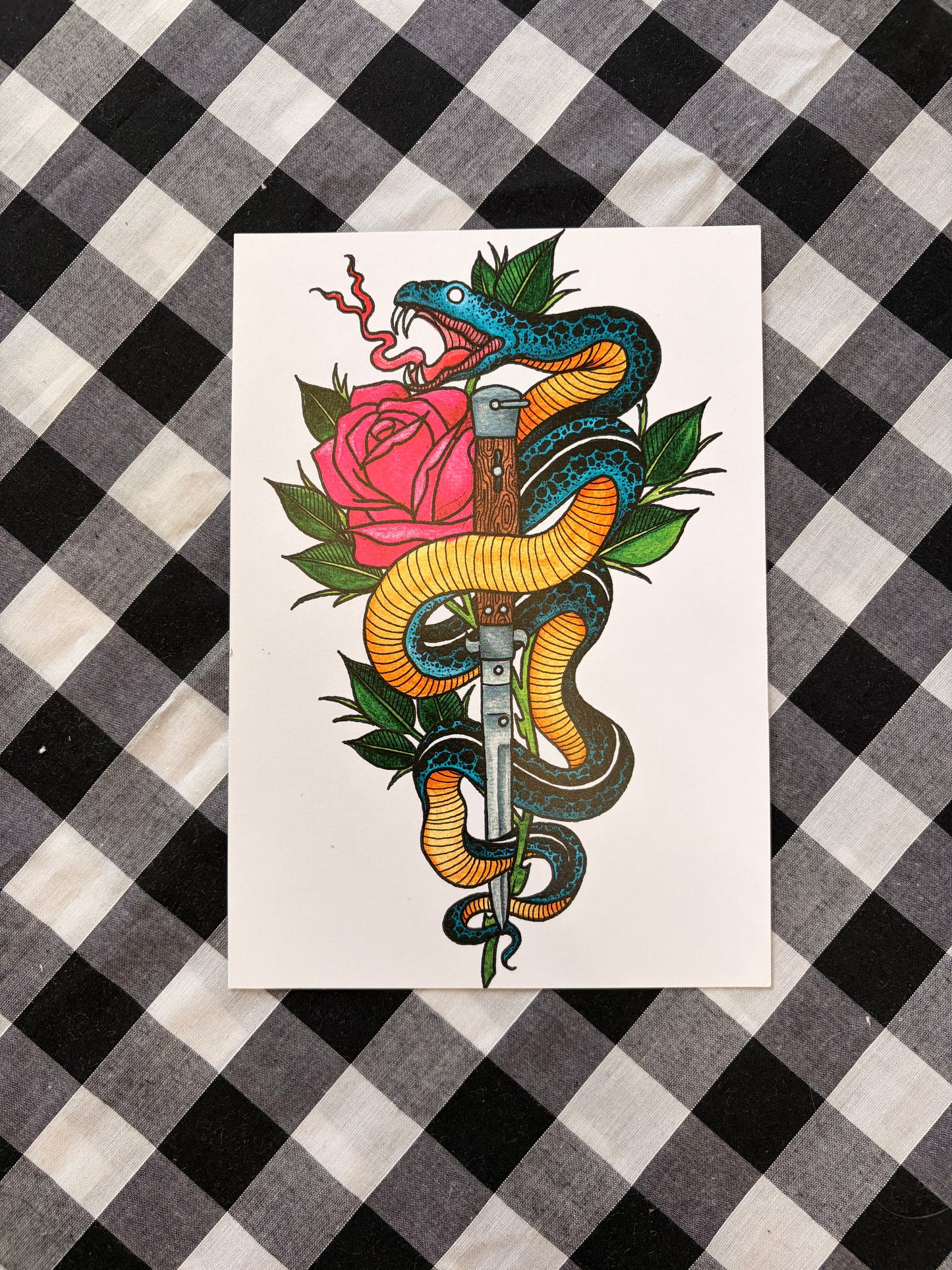 Snake Dagger Tattoo Flash Print - A5