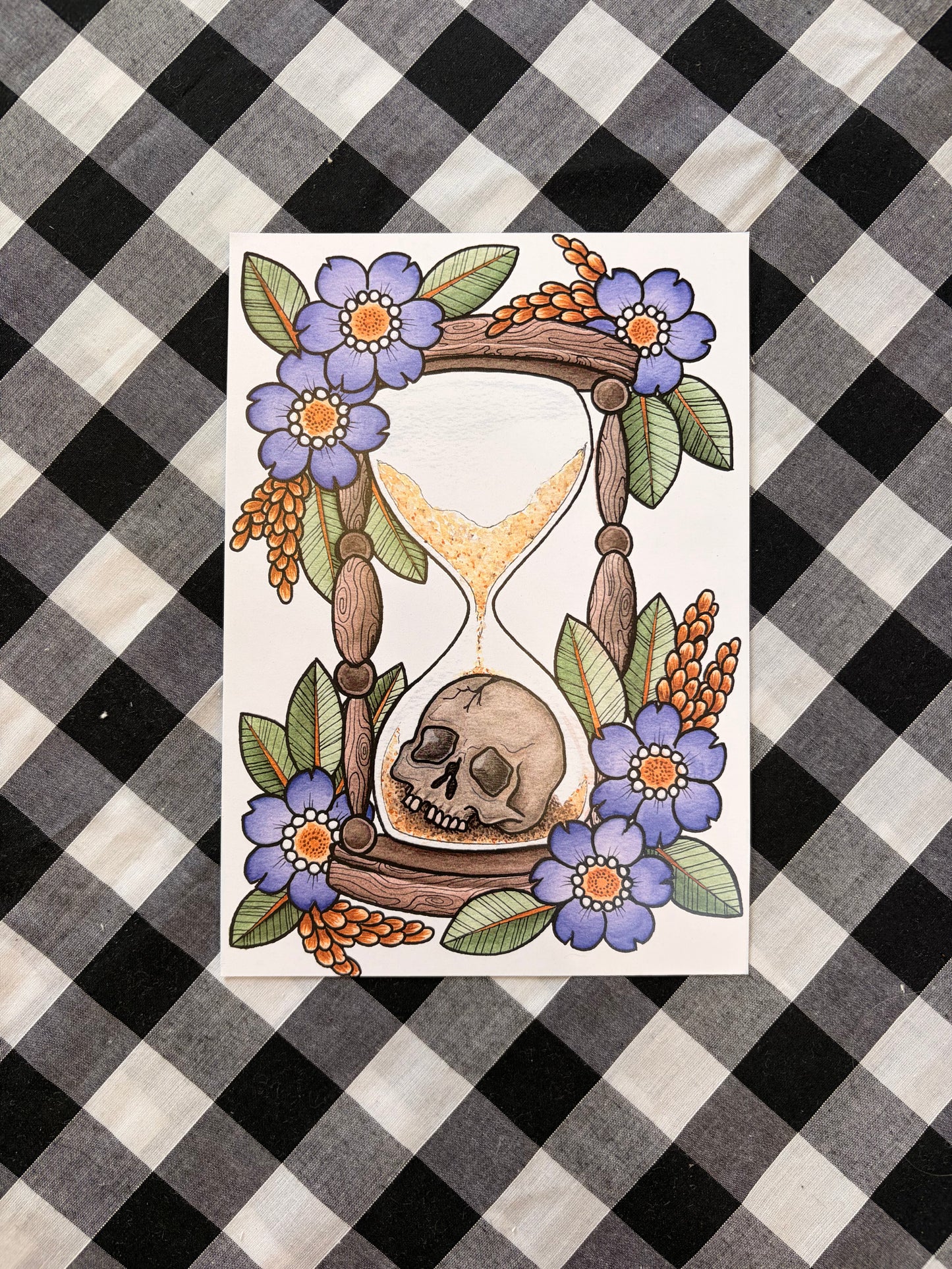 Skull Hourglass Tattoo Flash Print - A5