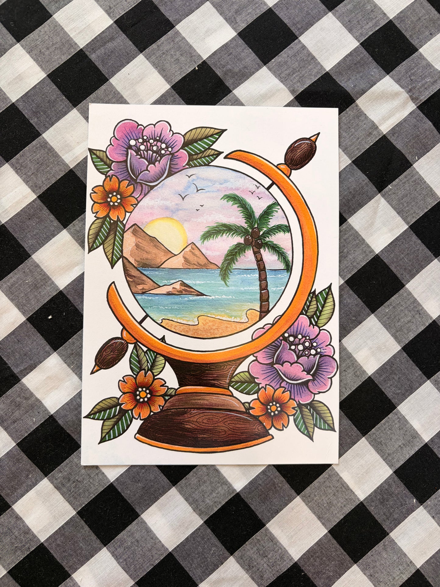 Island Globe Tattoo Flash Print - A5