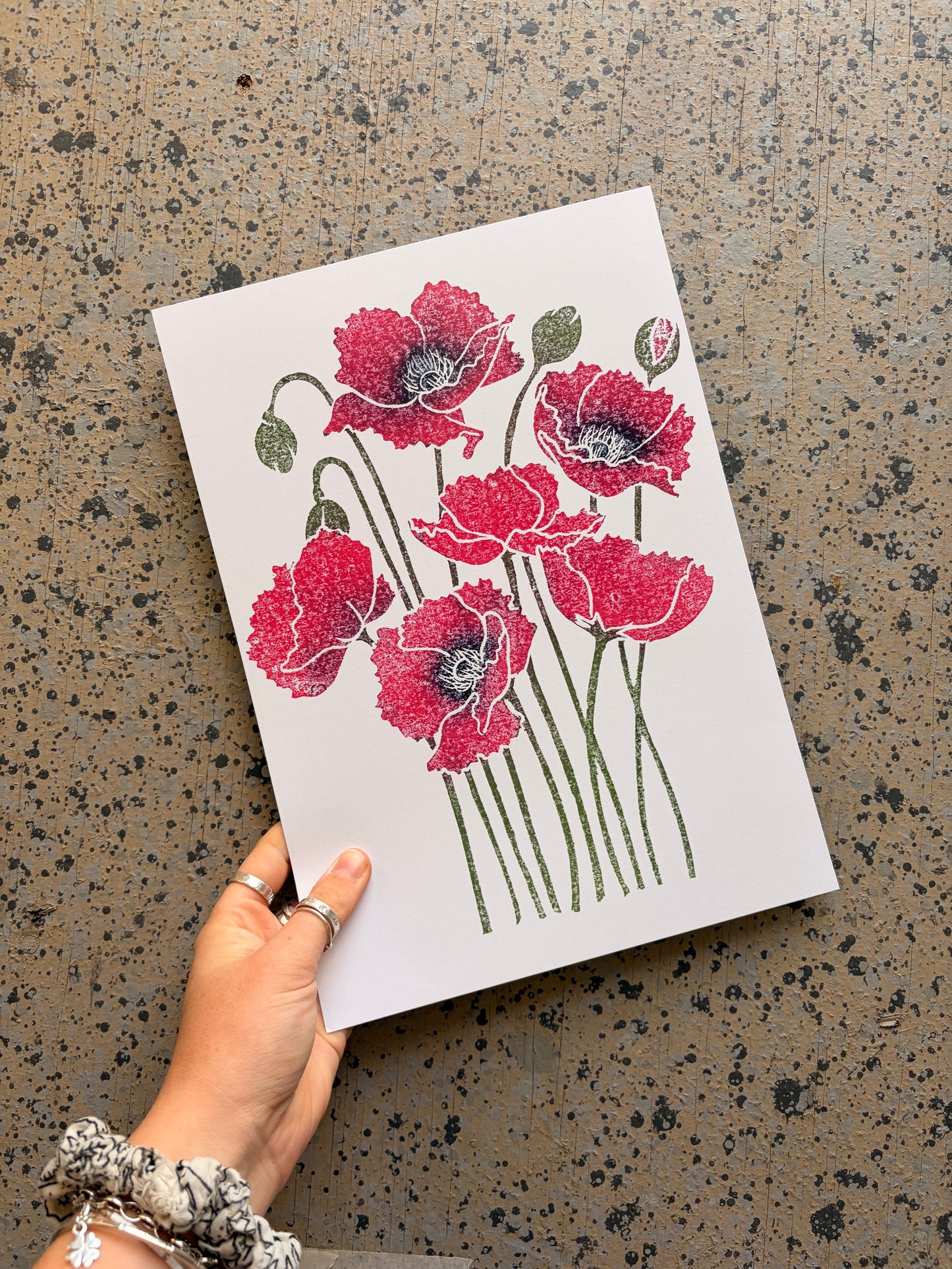 Poppies (Black) - Floral Lino Digital Print - A4
