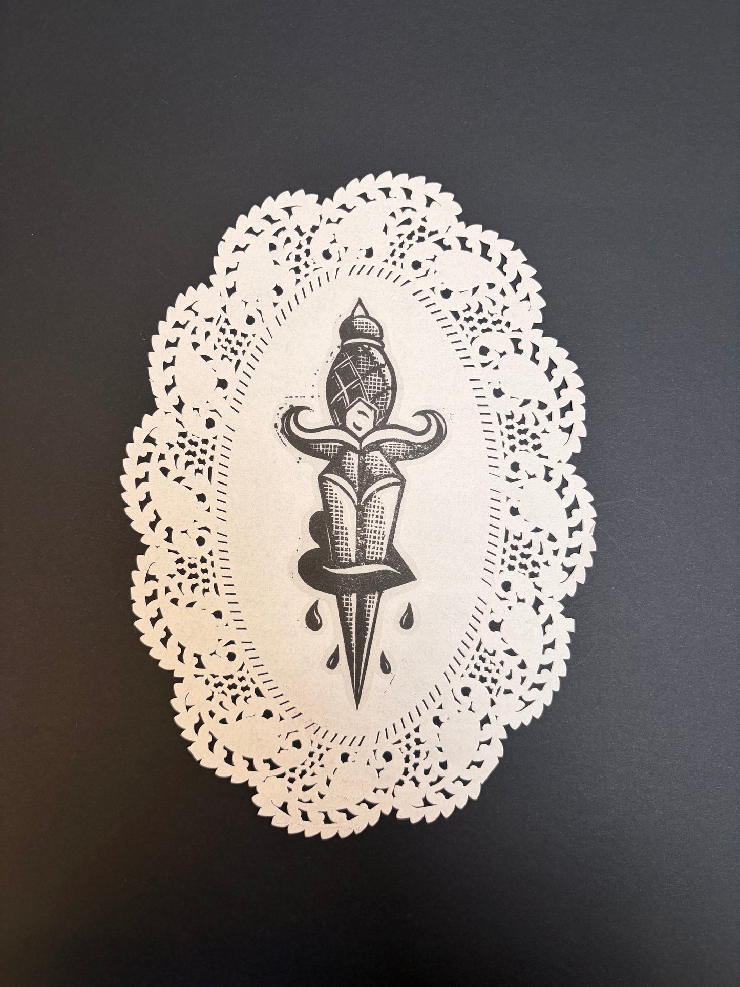 Traditional Dagger & Heart Lino Cut Print - Doily