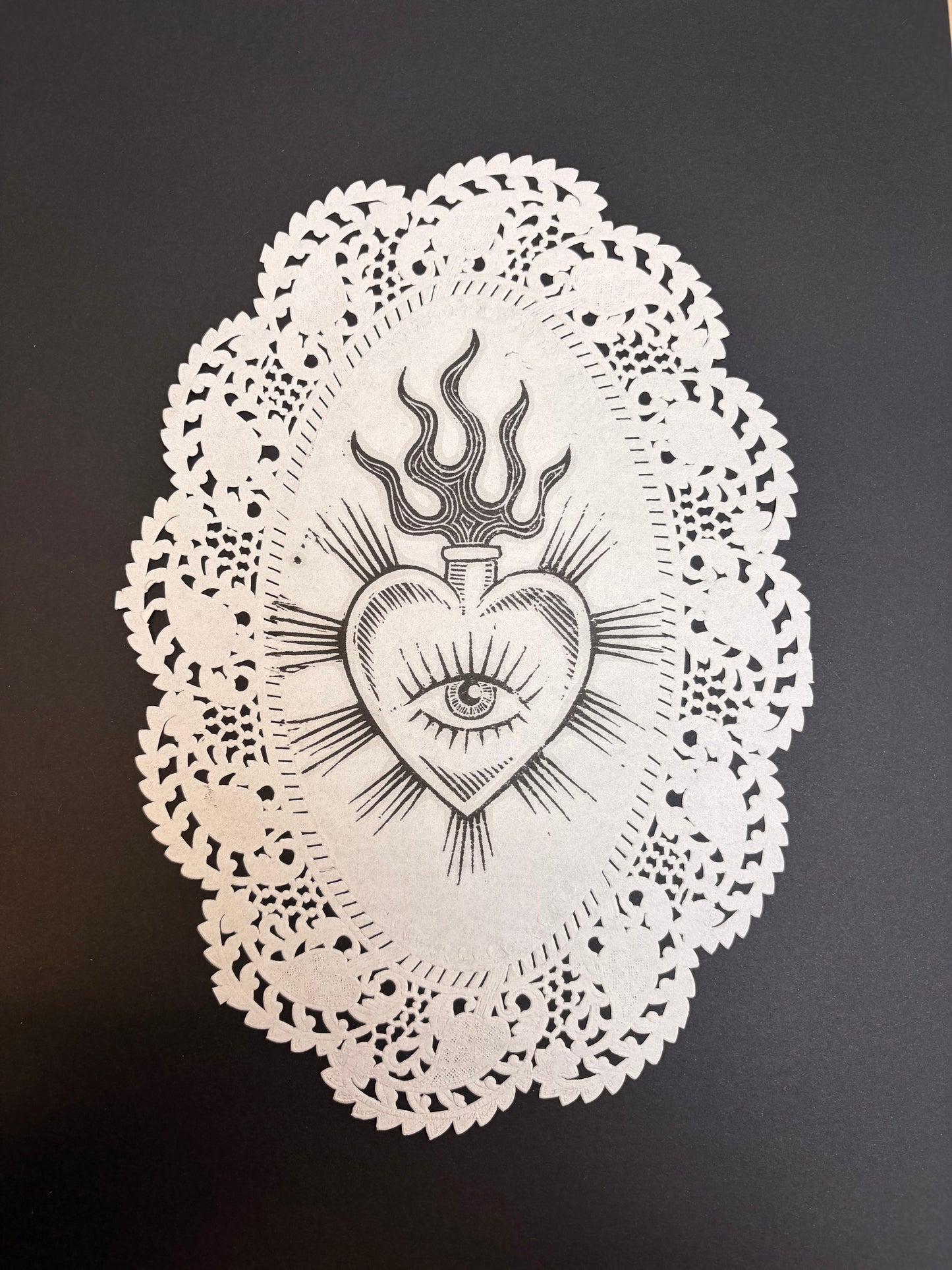 Sacred Heart Lino Cut Print - Doily - Sale