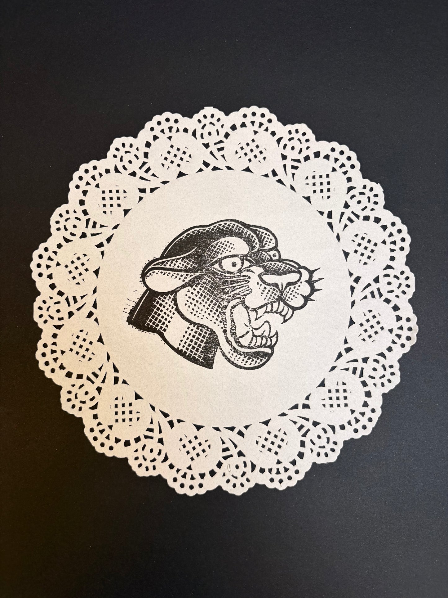 Traditional Panther Lino Cut Print - Doily