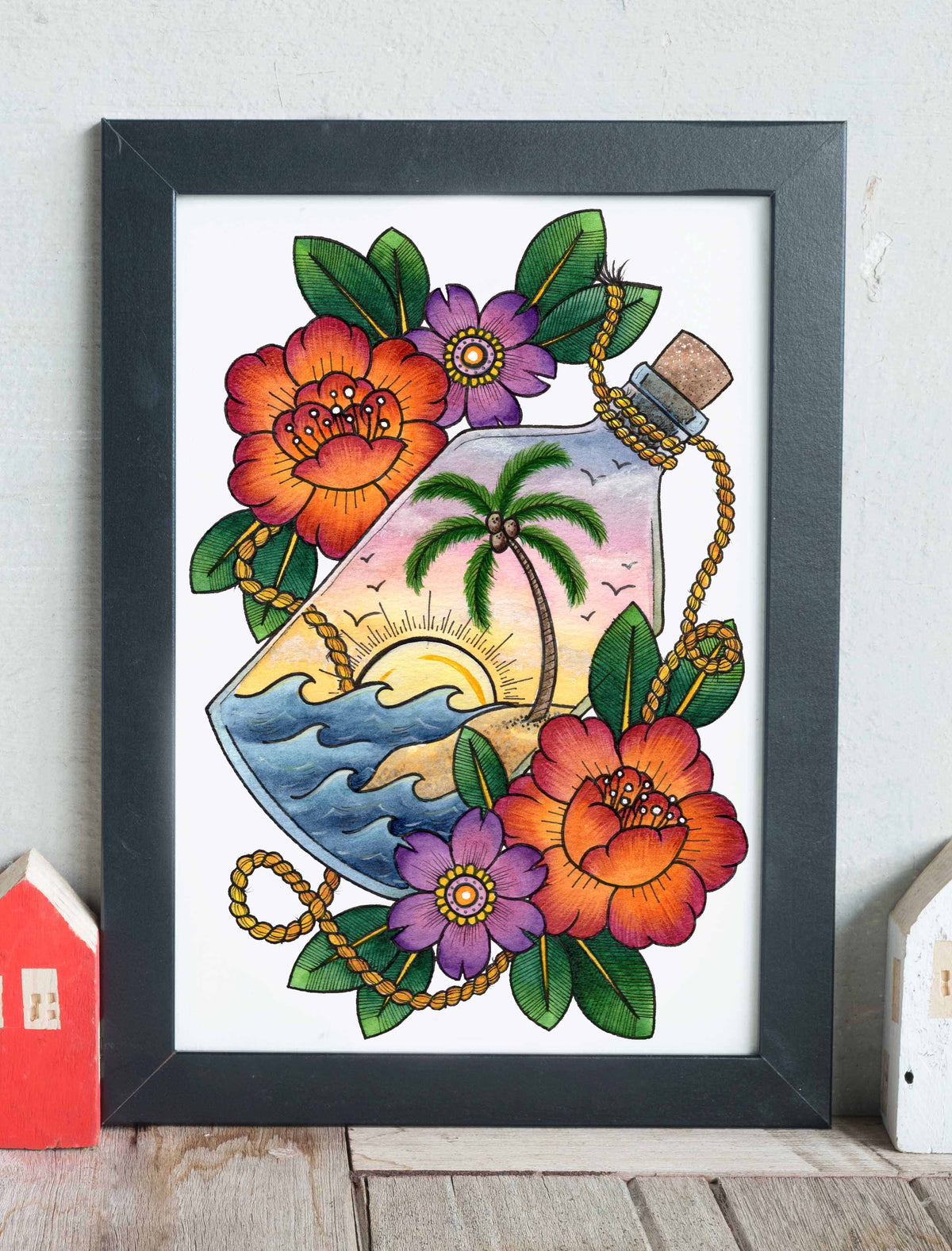 Island Bottle Tattoo Flash Print - A5