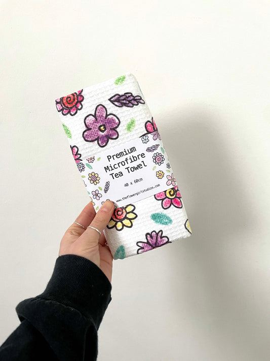 Doodle Flower Microfibre Waffle Tea Towel